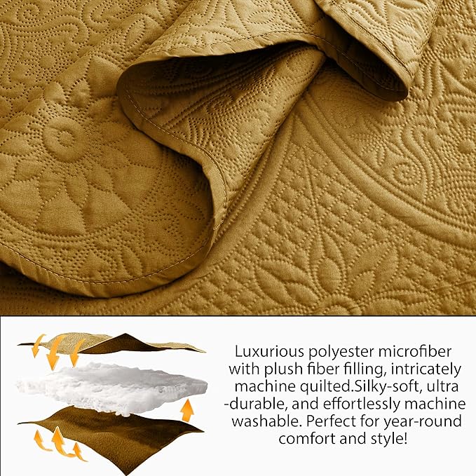 MOONLIGHT20015 Queen Quilt Bedding Set Size (90" x 96") + 2 Pillow Shams (20" x 26"+ 2") - 3 Pcs All Season Lightweight Reversible Embossed Quilt Microfiber Coverlet Floral Bedspread (Ochre)