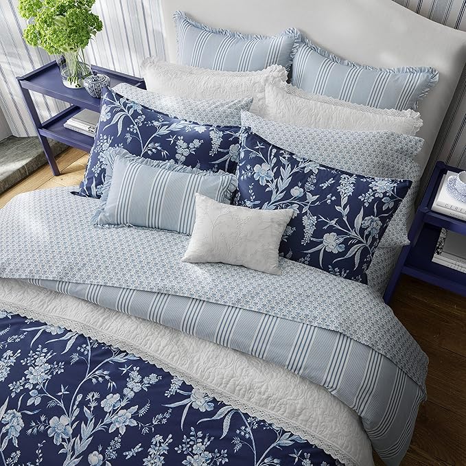 Laura Ashley- Queen Comforter Set, Cotton Reversible Bedding Set, Includes Matching Shams with Bonus Euro Shams & Throw Pillow Covers (Branch Toile Blue, Queen)