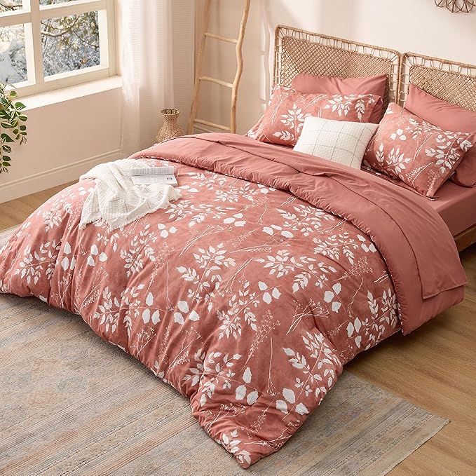 Bedsure Dusty Pink King Comforter Set - 7 Pieces Floral Bedding Sets, King Bed in a Bag with Reversible Botanical Flowers Comforter, Sheets, Pillowcases & Shams