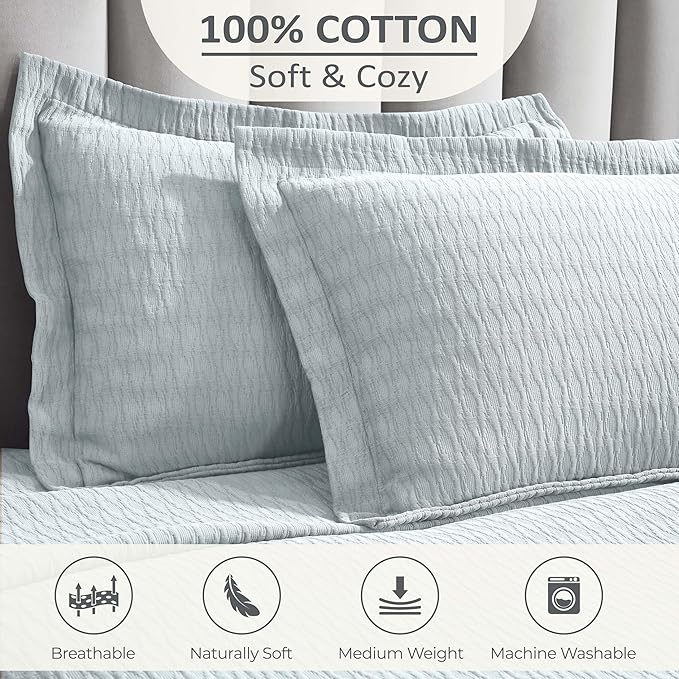 Superior 3 Piece Cotton Bedspread Set, Home Bed Decor, Decorative Bed Spread, 2 Pillow Shams, Medium Weight Blanket, Matelasse Coverlet, Bedding Essentials, Calvert Collection, Queen, Sky Blue