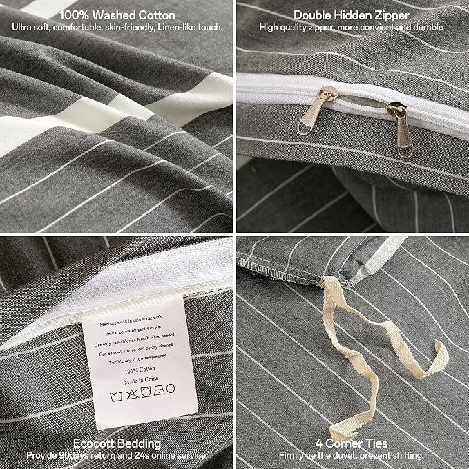 ECOCOTT 3 Pieces Duvet Cover Queen Size, 100% Washed Cotton 1 Duvet Cover with Zipper and 2 Pillowcases, Ultra Soft and Easy Care Breathable Cozy Simple Style Bedding Set(Grey Striped)