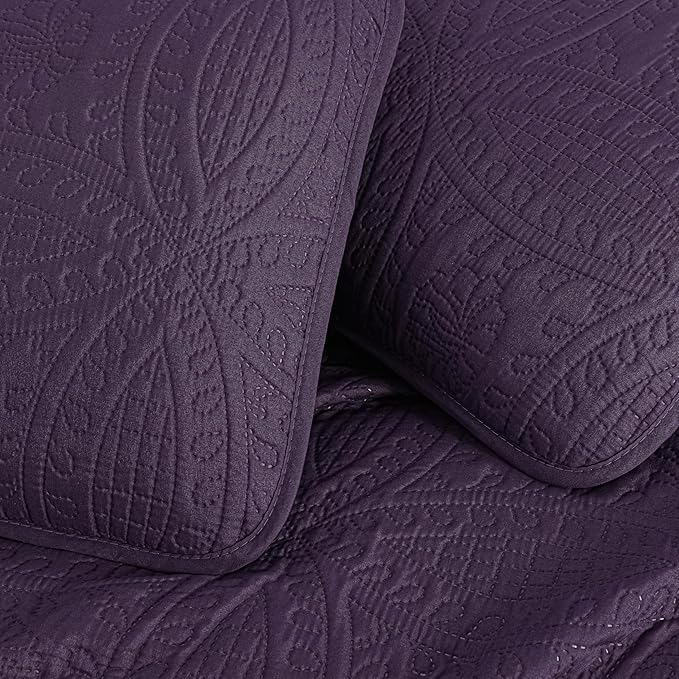 Chezmoi Collection Austin 3-Piece Oversized Bedspread Coverlet Set (Queen, Purple)