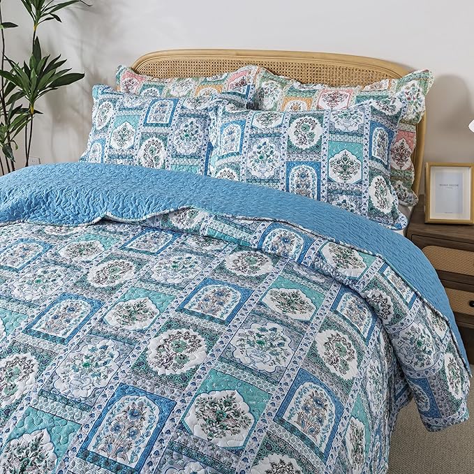 HoneiLife King Quilt Bedding Sets - 3 Piece Microfiber Quilt Set Rustic Bedspread Set Floral Coverlet Sets for King Bed