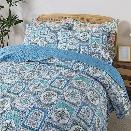 HoneiLife King Quilt Bedding Sets - 3 Piece Microfiber Quilt Set Rustic Bedspread Set Floral Coverlet Sets for King Bed