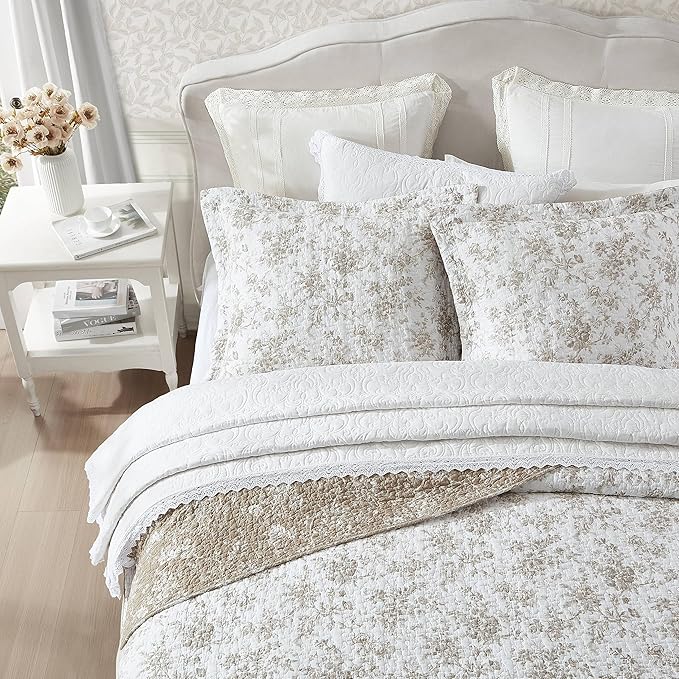 Laura Ashley - King Quilt Set, Reversible Floral Cotton Bedding with Matching Shams, Medium Weight for Year Round Use, Oek-Tex Certified (Walled Garden Brown)