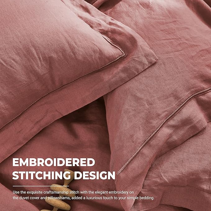 Simple&Opulence 100% Washed Linen Duvet Cover Set with Embroidered,3 Pieces Soft Farmhouse Comforter Set with Button Closure,1 Duvet Cover and 2 Pillowshams(King,Coral Red)