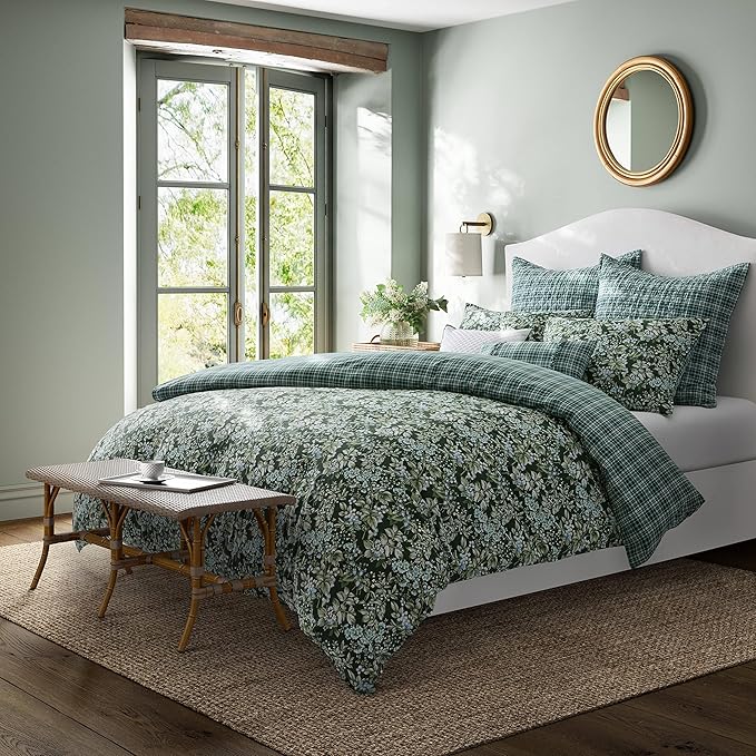 Laura Ashley - Queen Comforter Set, Soft & Reversible Cotton Bedding, Medium Weight 7 Piece Bed Set with Matching Pillowcases, Euro Shams & Bonus Throw Pillow Covers (Bramble Floral Green)