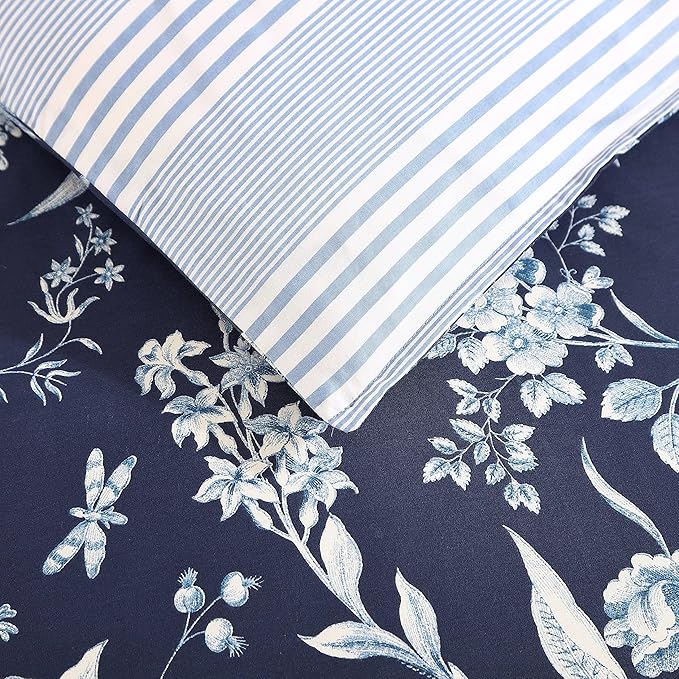 Laura Ashley- Queen Comforter Set, Cotton Reversible Bedding Set, Includes Matching Shams with Bonus Euro Shams & Throw Pillow Covers (Branch Toile Blue, Queen)
