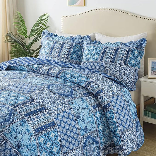 HoneiLife King Quilt Bedding Set - 3 Pieces Rustic Quilt Sets Microfiber Bedspreads Floral Coverlets Retro Bed Cover All Season Quilts-Blue