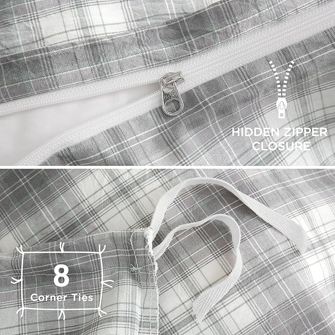 TOCOMOA Plaid Duvet Cover Set 100% Washed Cotton Like Linen Feel Super Soft Comfy 3 Piece Grey and Green Gingham Checkered Bedding Comforter Cover Set (King 104"x90", Comforter Not Included)