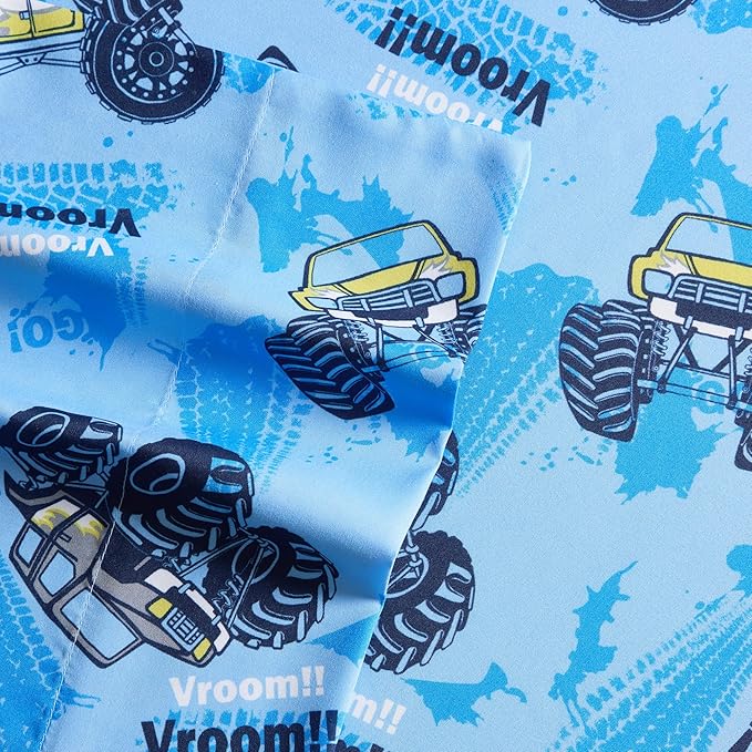 Kids Bedding Set Bed in a Bag for Boys and Girls Toddlers Printed Sheet Set and Comforter, Full, Monster Truck