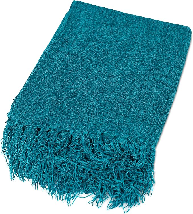 BIRDROCK HOME Internet's Best Chenille Throw Blankets - Teal - Ultra Soft Couch Blanket with Fringe - Light Weight Sofa Throw - 100% Microfiber Polyester - Easy Travel - Bed - 50 x 60