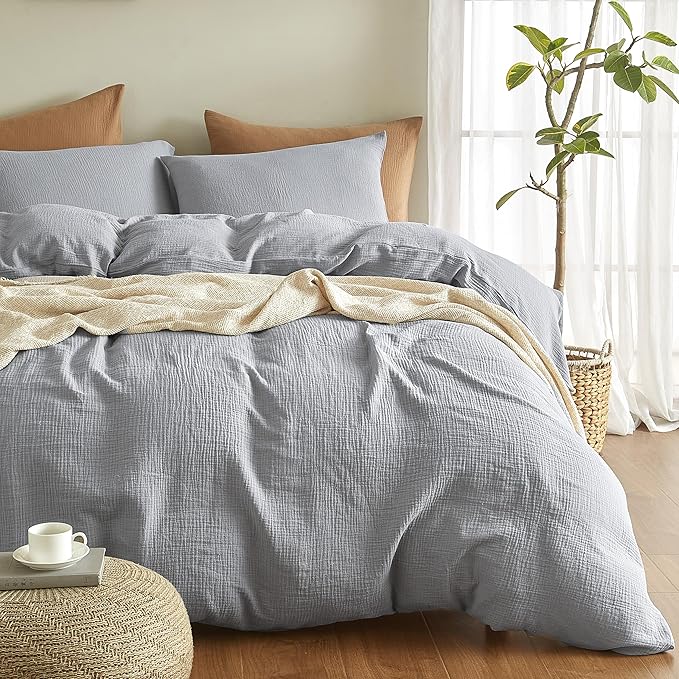 SE SOFTEXLY Muslin Duvet Cover Queen Size, 100% Washed Cotton Duvet Cover Set, Ultra Soft Comforter Cover Linen Like, 3 Pieces Minimalist Gauze Duvet Cover with 2 Pillowcases, 90"x90", Light Grey