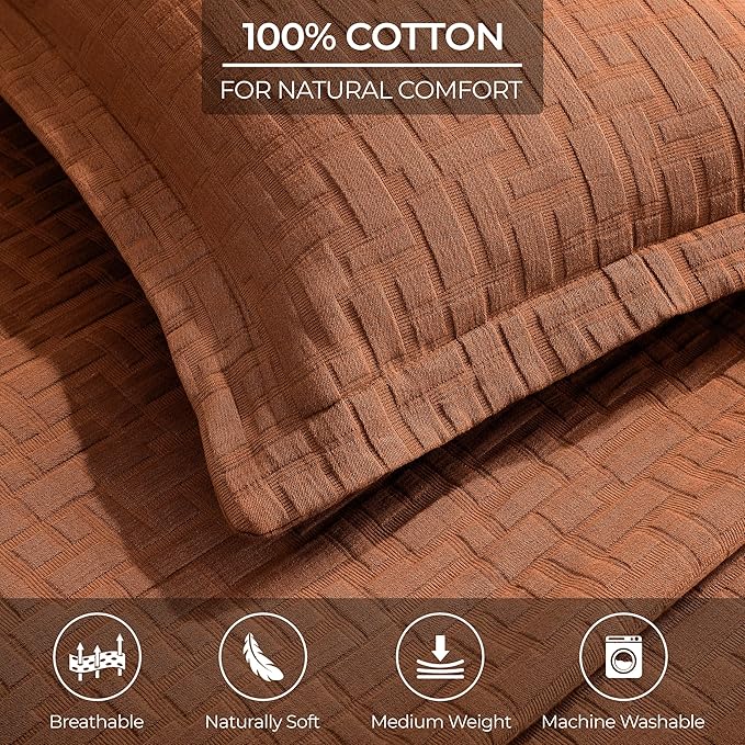 Superior 3 Piece Cotton Bedspread and Sham Set, Home Bed Decor, Decorative Bed Spread, 2 Pillow Shams, Medium Weight, Matelasse Coverlet, Bedding Essentials, Madrid Collection, Queen, Burnt Orange