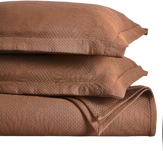 Superior 3 Piece Cotton Bedspread Set, Home Bed Decor, Decorative Bed Spread, 2 Pillow Shams, Medium Weight Blanket, Matelasse Coverlet, Bedding Essentials, Peploi Collection, Queen, Burnt Orange