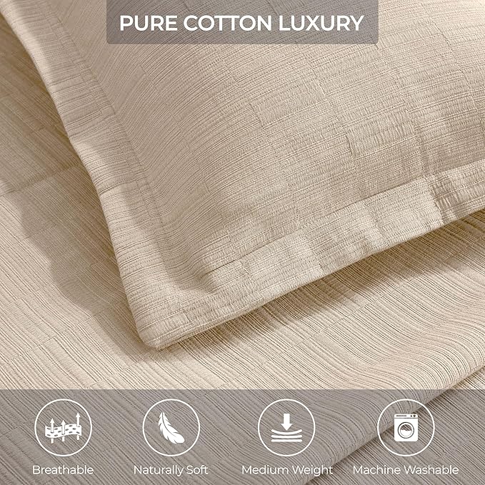 Superior 3 Piece Cotton Bedspread and Sham Set, Home Bed Decor, Decorative Bed Spread, 2 Pillow Shams, Medium Weight, Textured Matelasse Coverlet, Bedding Essentials, Zenith Collection, Full, Beige