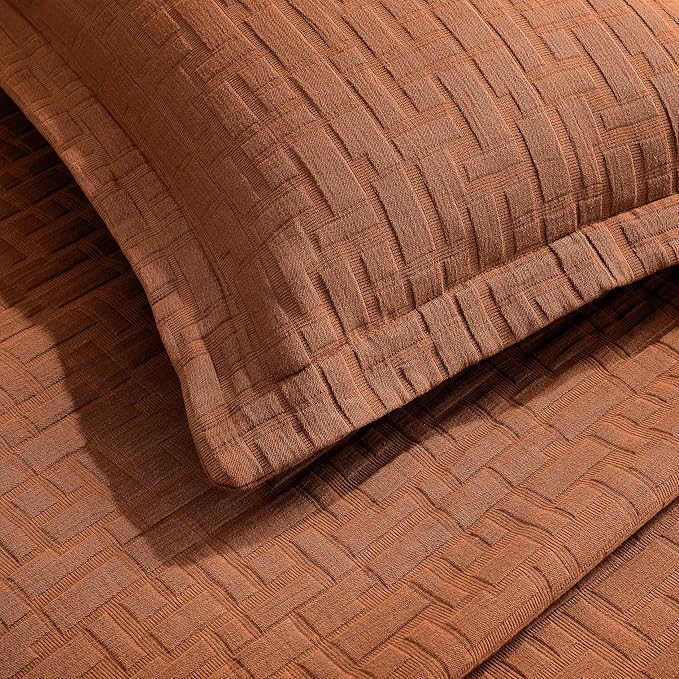 Superior 3 Piece Cotton Bedspread and Sham Set, Home Bed Decor, Decorative Bed Spread, 2 Pillow Shams, Medium Weight, Matelasse Coverlet, Bedding Essentials, Madrid Collection, Queen, Burnt Orange