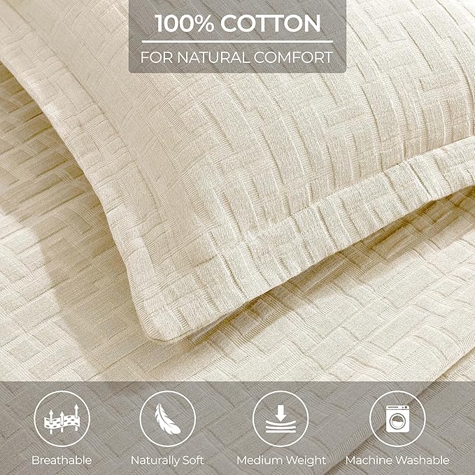 Superior 3 Piece Cotton Bedspread and Sham Set, Home Bed Decor, Decorative Bed Spread, 2 Pillow Shams, Medium Weight, Geometric Matelasse Coverlet, Bedding Essentials, Madrid Collection, Full, Ivory