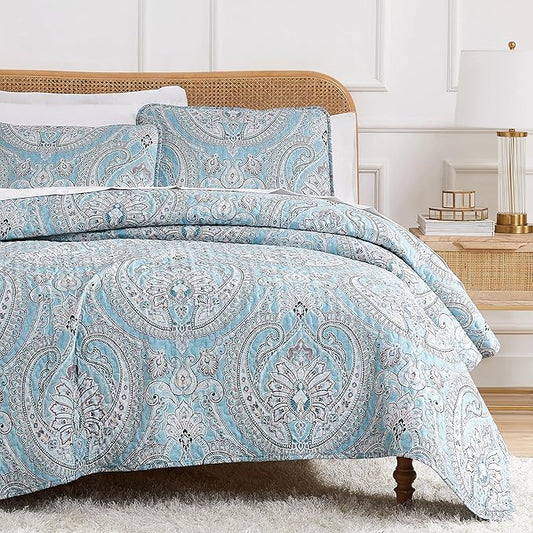Southshore Fine Living, Inc. Full/Queen Quilt Bedding Set, Paisley Full Size Summer Bedspread, Boho Bedding Set for Full Size Mattress, Queen Size Quilt Coverlet & Matching Shams, Pure Melody Aqua