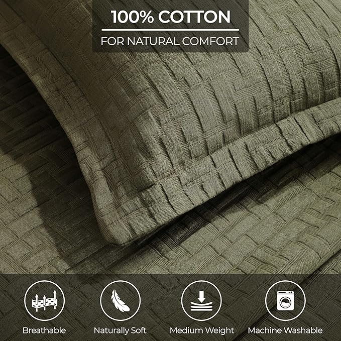 Superior 3 Piece Cotton Bedspread and Sham Set, Home Bed Decor, Decorative Bed Spread, 2 Pillow Shams, Medium Weight, Matelasse Coverlet, Bedding Essentials, Madrid Collection, King, Olive Green