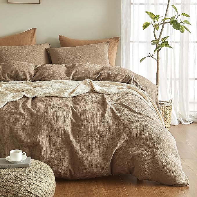 SE SOFTEXLY Muslin Duvet Cover Queen Size, 100% Washed Cotton Duvet Cover Set, Ultra Soft Comforter Cover Linen Like, 3 Pieces Minimalist Gauze Duvet Cover with 2 Pillowcases, 90"x90", Light Brown