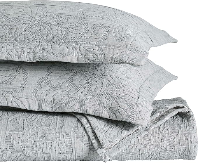 Superior 3 Piece Cotton Bedspread Set, Home Bed Decor, Decorative Bed Spread, 2 Pillow Shams, Medium Weight Blanket, Matelasse Coverlet, Bedding Essentials, Hibiscus Collection, Full, Grey