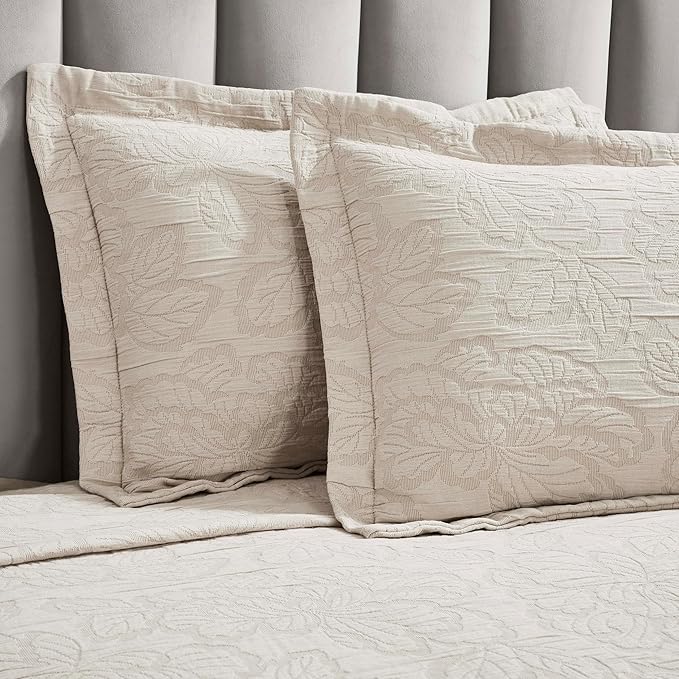 Superior 3 Piece Cotton Bedspread Set, Home Bed Decor, Decorative Bed Spread, 2 Pillow Shams, Medium Weight Blanket, Matelasse Coverlet, Bedding Essentials, Hibiscus Collection, King, Beige