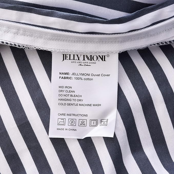 JELLYMONI 100% Natural Cotton 3pcs Striped Duvet Cover Sets,White Duvet Cover with Navy Blue Stripes Pattern Printed Comforter Cover,with Zipper Closure & Corner Ties(Cal King Size)