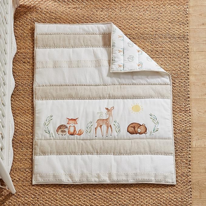 Levtex Baby - Woodland Pals Crib Bed Set - Baby Nursery Set - Cream Taupe Brown Green - Woodland Friends - 5 Piece Set Includes Quilt, One Fitted Sheet, Wall Decal, Skirt/Dust Ruffle & Basket
