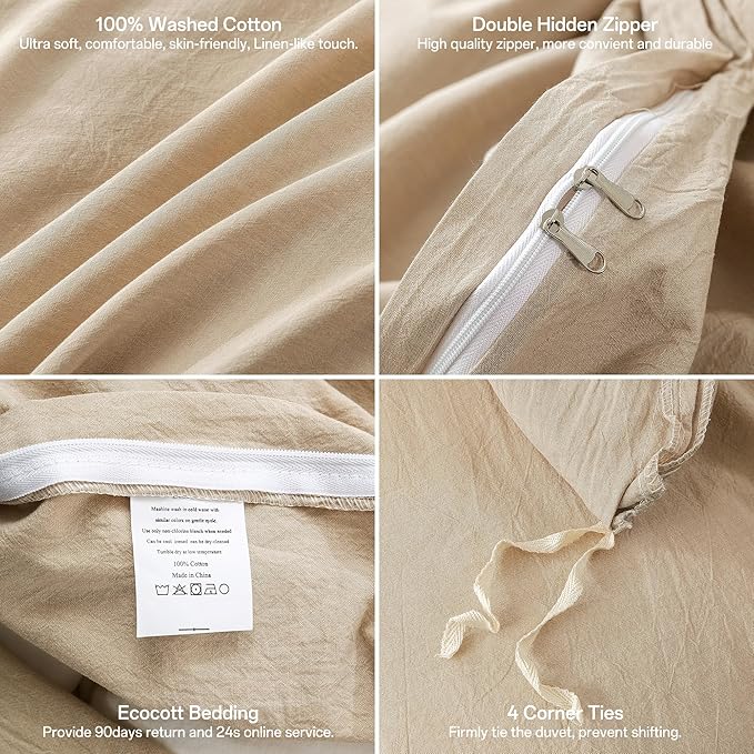 ECOCOTT 100% Washed Cotton Duvet Cover Super King Size – Soft & Breathable Linen Feel Bedding Set, 3 Pieces Khaki Comforter Cover with Zipper Closure for All Seasons