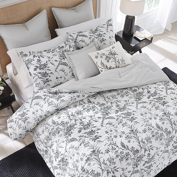 Laura Ashley - King Comforter Set, Reversible Cotton Bedding, Includes Matching Shams with Bonus Euro Shams & Throw Pillows (Amberley Black/White, King)