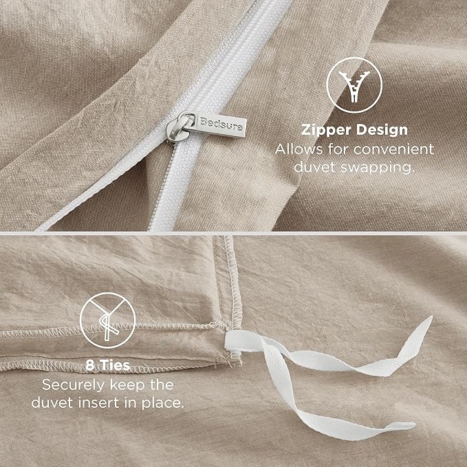 Bedsure 100% Washed Cotton Duvet Cover Twin - Oatmeal Minimalist Cotton Duvet Cover Linen Like for All Seasons - GentleSoft™ Plain Simple Bedding (Oatmeal, Twin, 68"x90")