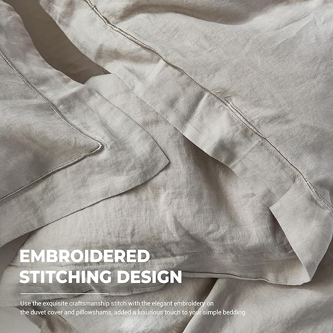 Simple&Opulence 100% Washed Linen Duvet Cover with Embroidered, 3 Pieces Soft Farmhouse Comforter Set with Button Closure,1 Duvet Cover and 2 Pillowshams(Full,Light Grey)