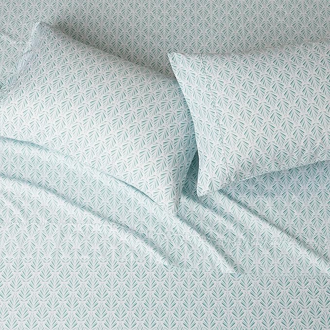 Amazon Basics Lightweight Breathable Wrinkle Resistant Microfiber 4-Piece Bed Sheet Set with 14-Inch Deep Pockets, Full, Aqua Fern, Printed