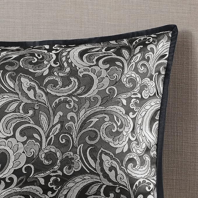 Madison Park Essentials Brystol 24 Piece Room in a Bag Faux Silk Comforter Jacquard Paisley Design Matching Curtains Down Alternative All Season Bedding-Set, Black 24 Piece, King(104 in x 92 in)