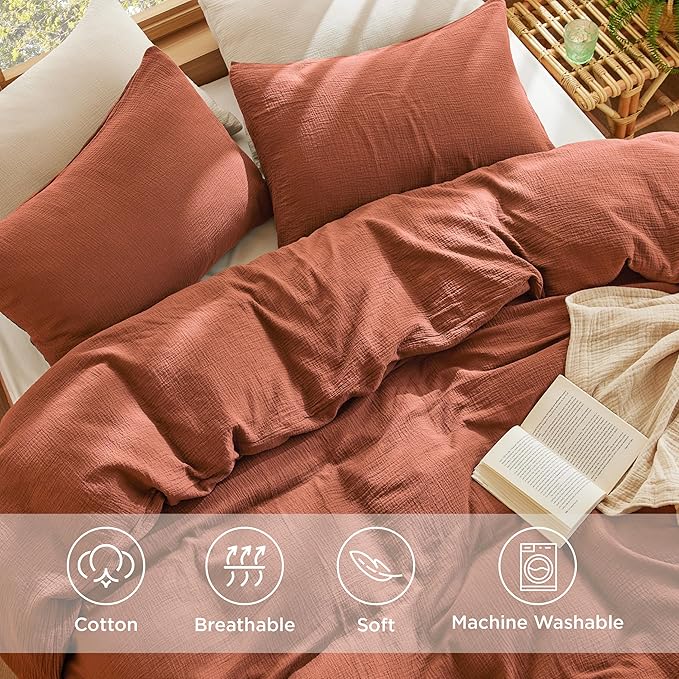Bedsure 100% Muslin Cotton Duvet Cover Queen Size - Ultra-Soft, Breathable & Lightweight - Linen Like Gauze Comforter Cover Set with Button Closure and Corner Ties (Terracotta, Queen, 90"x90")