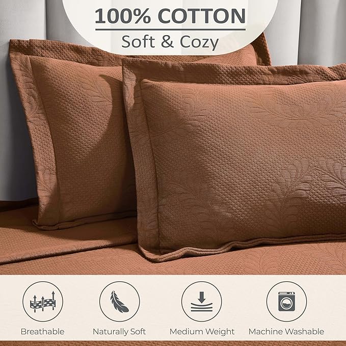 Superior 3 Piece Cotton Bedspread Set, Home Bed Decor, Decorative Bed Spread, 2 Pillow Shams, Medium Weight Blanket, Matelasse Coverlet, Bedding Essentials, Peploi Collection, Queen, Burnt Orange