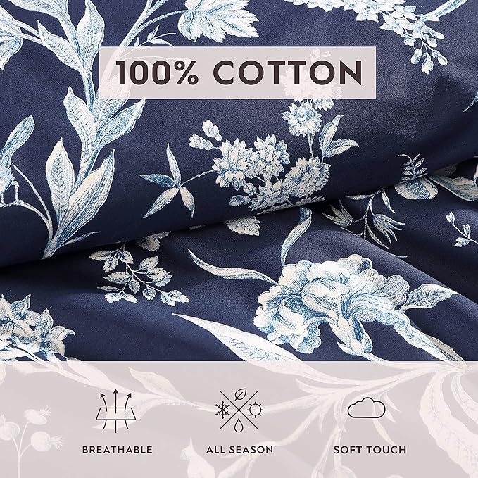 Laura Ashley- Queen Comforter Set, Cotton Reversible Bedding Set, Includes Matching Shams with Bonus Euro Shams & Throw Pillow Covers (Branch Toile Blue, Queen)