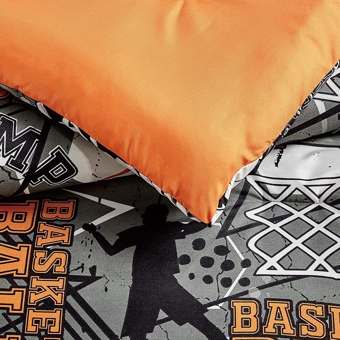 Chezmoi Collection 4-Piece Kids Bedding Comforter Set - Soft Microfiber Gray Orange Multi-Color Basketball Slam Dunk Sports, Full/Queen