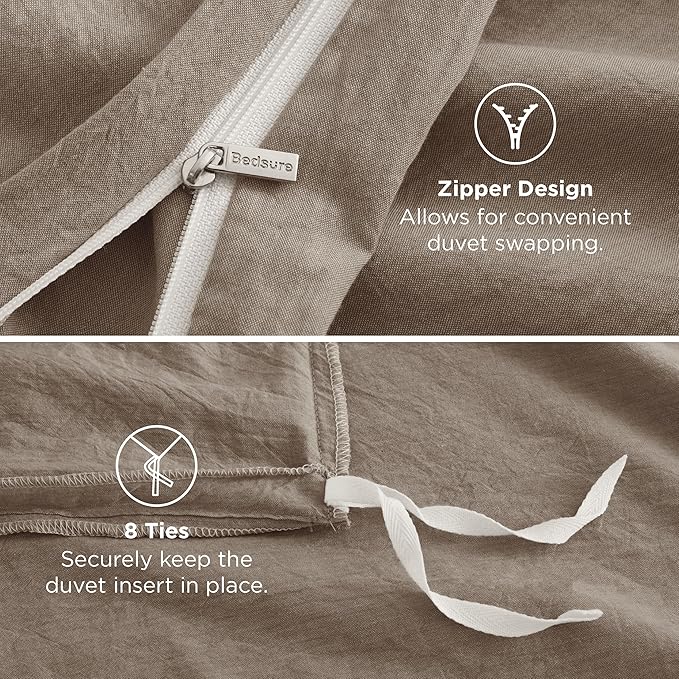 Bedsure 100% Washed Cotton Duvet Cover Oversized King - Light Brown Minimalist Cotton Duvet Cover for All Seasons - GentleSoft™ Plain Simple Bedding, 3 Pieces (Light Brown, Oversized King, 120"x98")
