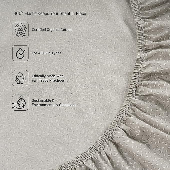 Lane Linen 100% Organic Cotton Fitted Sheet Queen, 3 PC Set(1 Fitted Sheet,2 Pillowcases) Soft Percale Weave, Queen Size, Soft, Breathable, Fits Mattress Upto 15" Deep - Grey(White Dot)(No Flat Sheet)