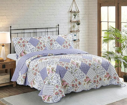 Brilliant Sunshine Rose Violet Patchwork, 3-Piece Quilt Set with 2 Shams, Reversible Bedspread, Soft Lightweight Coverlet, All-Season, King, Rose Violet