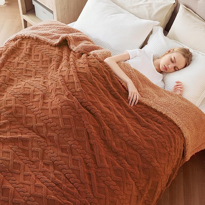 Bedsure Gentlesoft Sherpa Fleece Blanket Twin Size for Bed - Fluffy & Cozy Cable Jacquard Tufted for Women Gift, Thick and Warm Christmas Blanket for Winter, Orange, 60x80 Inches