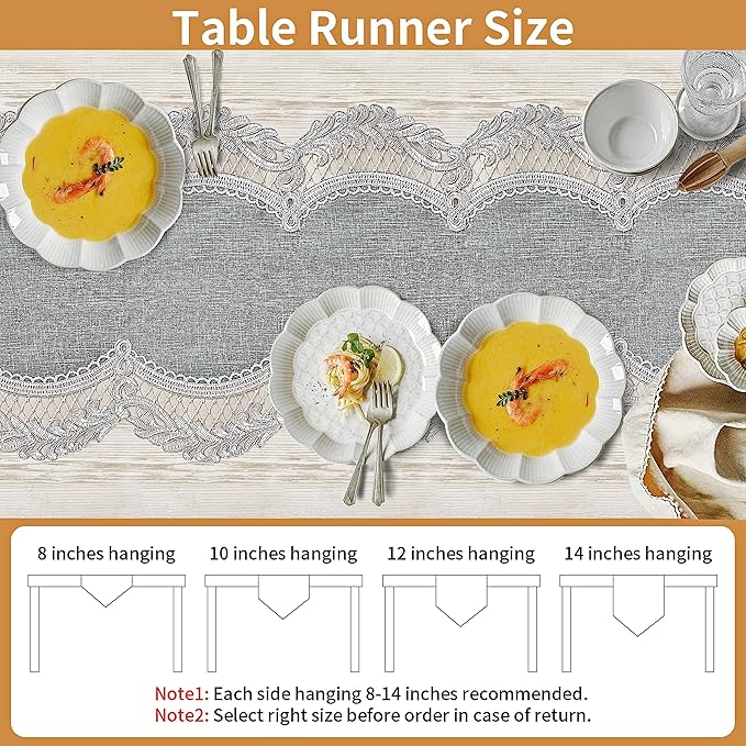 Elegant Vintage Lace Table Runner 60 inches(150cm) Long Grey Silver with Exquisite Macrame and Embroidered Floral Pattern Perfect as a Dresser Scarf (14X60'')