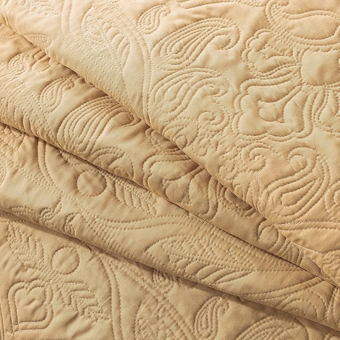 HoneiLife Embroidered Quilt King Size - 3 Piece Microfiber Quilt Sets Lightweight Bedspreads Reversible Coverlets Retro Bed Cover Paisley Pattern Bedding Set All Season Quilts-Yellow