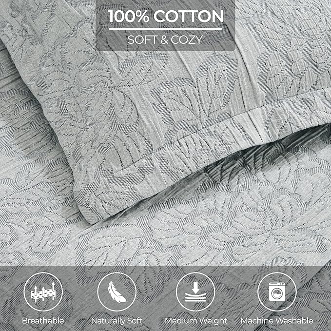Superior 3 Piece Cotton Bedspread Set, Home Bed Decor, Decorative Bed Spread, 2 Pillow Shams, Medium Weight Blanket, Matelasse Coverlet, Bedding Essentials, Hibiscus Collection, Full, Grey