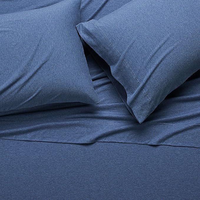 Amazon Basics 4 Piece Breathable Cotton Jersey Knit Bed Sheet Set with Deep Pockets, Stretchy Sheets, Queen, Chambray