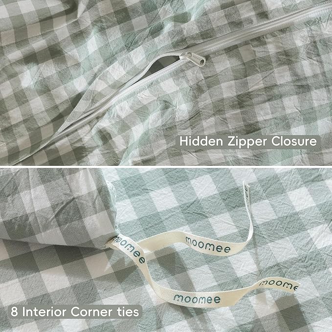 MooMee Gingham Duvet Cover Set 100% Washed Cotton Linen Like Textured Breathable Durable Soft Comfy Modern Checkered Design (Sage Green Gingham, Queen 90"x90")