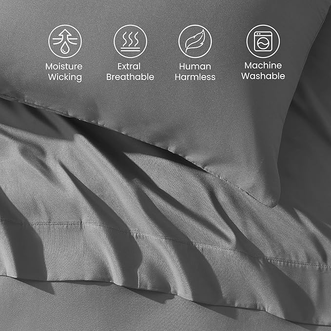 SLEEP ZONE Nanotex Super Soft Cooling Twin Bed Sheets Set for Kids 3 Piece - Easy Care Fitted Flat Sheet & Pillowcase Sets - Wrinkle Free, Fade Resistant, Deep Pocket 16" (Gull Gray, Twin)