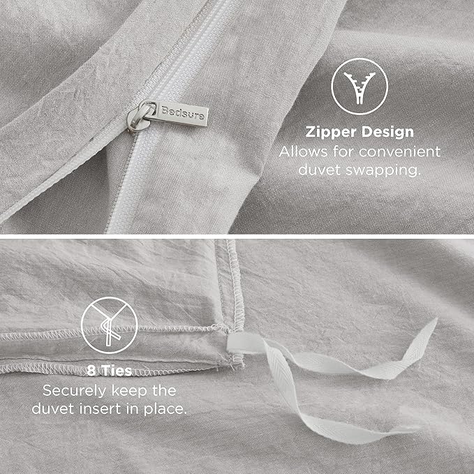 Bedsure 100% Washed Cotton Duvet Cover Queen Size - Light Grey Minimalist Cotton Duvet Cover Linen Like for All Seasons - GentleSoft™ Plain Simple Bedding (Queen, 90"x90")